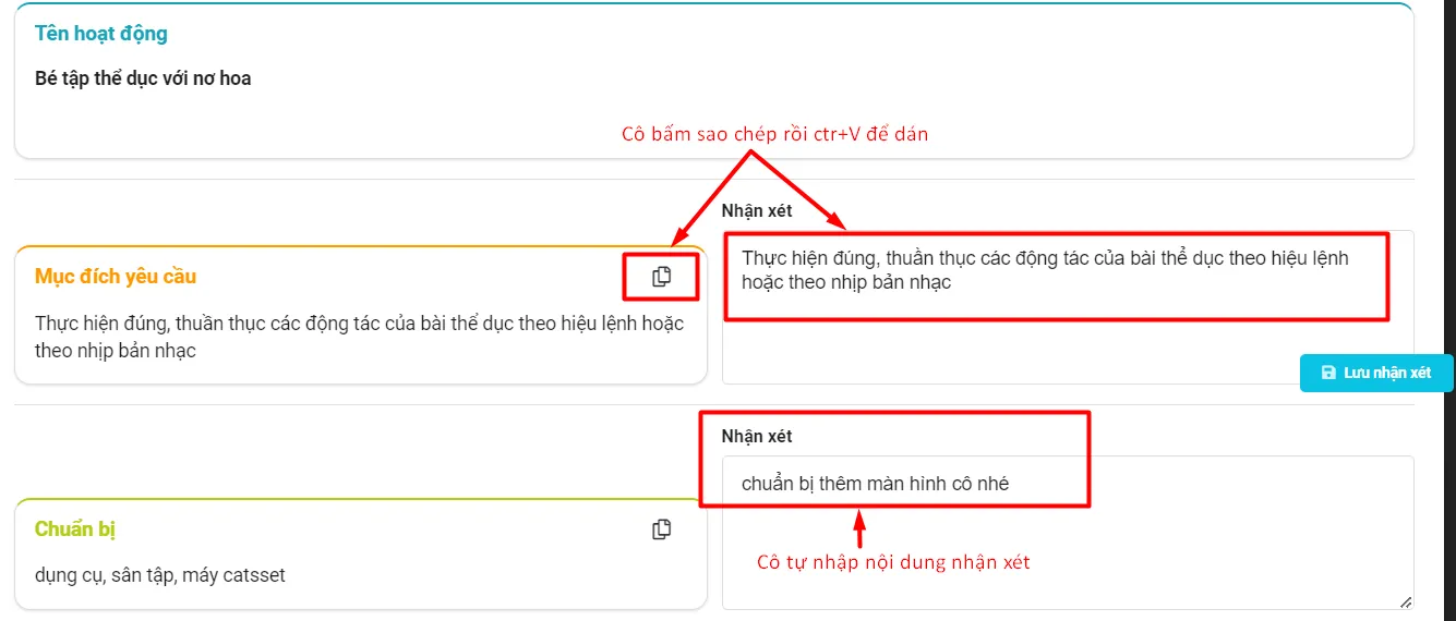 Màn hình nhận xét hoạt động