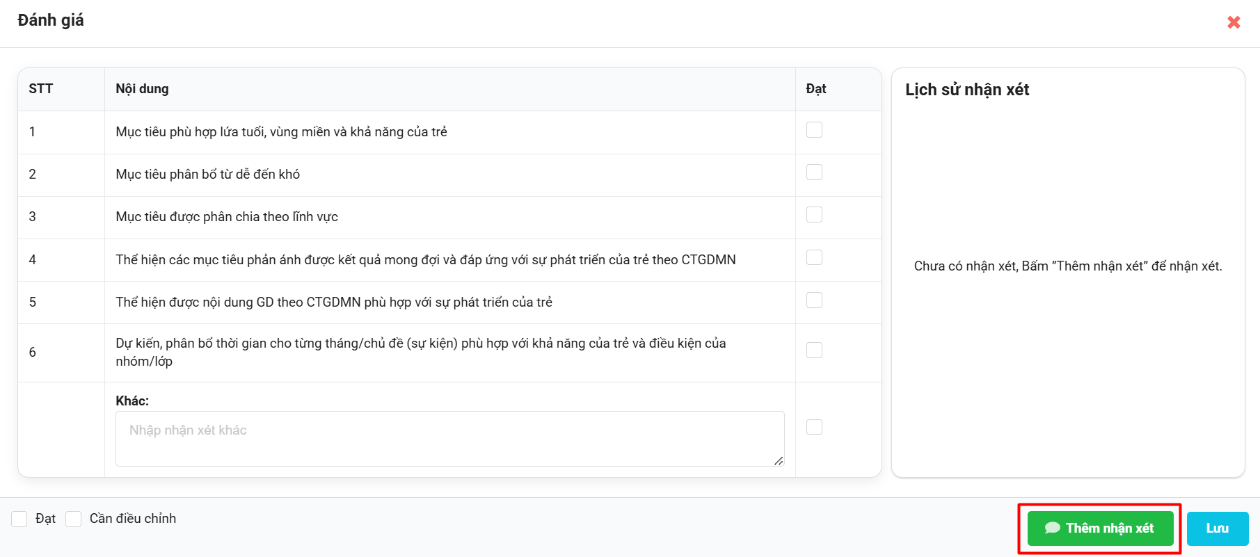 Màn hình thêm nhận xét cho kế hoạch trong lớp