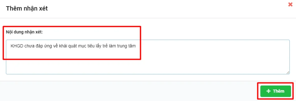 Màn hình nhập nội dung nhập xét và cập nhật