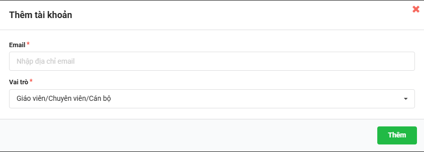Màn hình thêm mail, vai trò cho nhân sự mới