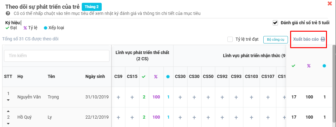 Màn hình xuất file đánh giá trẻ theo chỉ số