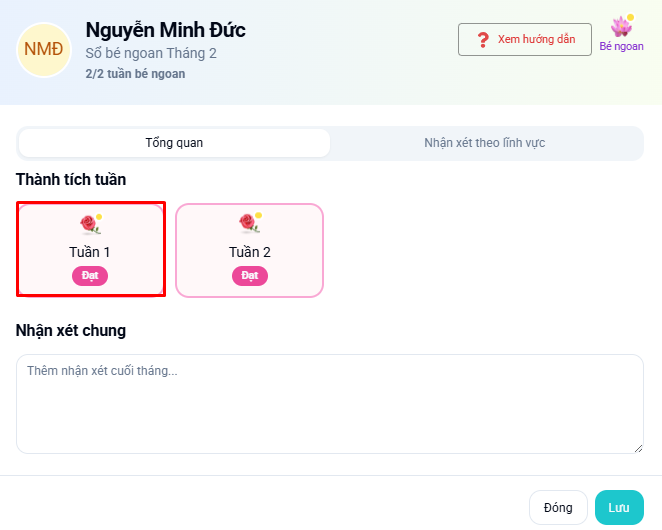 Màn hình đánh giá bé ngoan