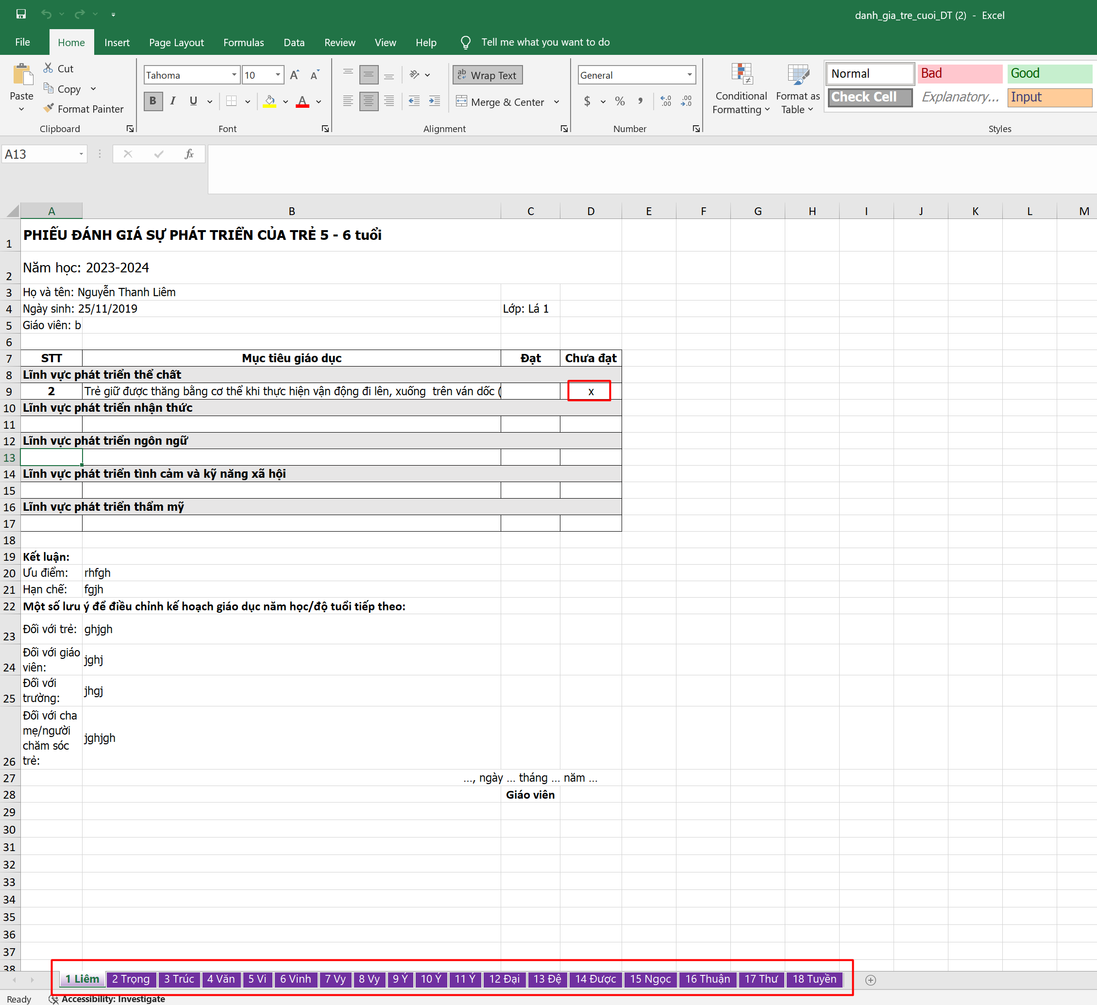 Màn hình hiển thị dữ liệu đánh giá cuối độ tuổi