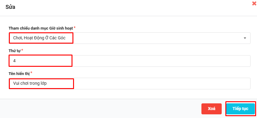 Màn hình thay đổi giờ tham chiếu, thứ tự, tên hiển thị của giờ sinh hoạt