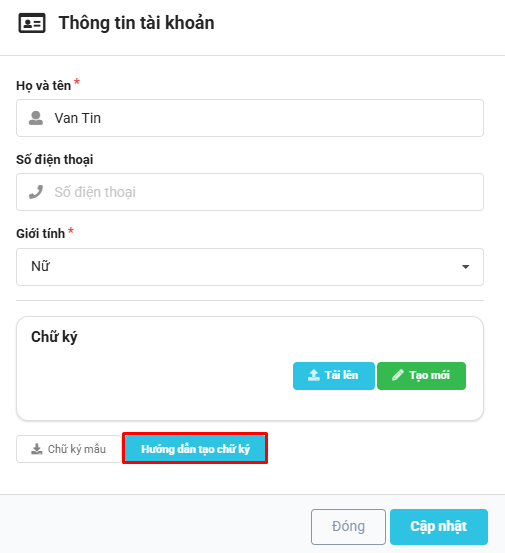 Màn hình xem Hướng dẫn tạo chữ ký