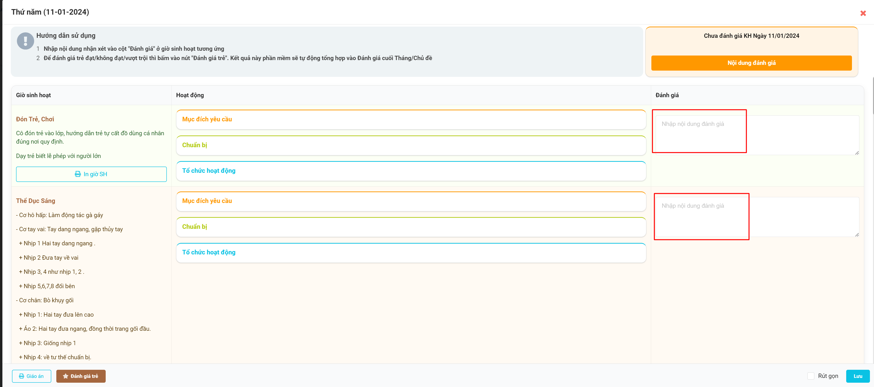 Màn hình nhập nhận xét cho từng giờ sinh hoạt