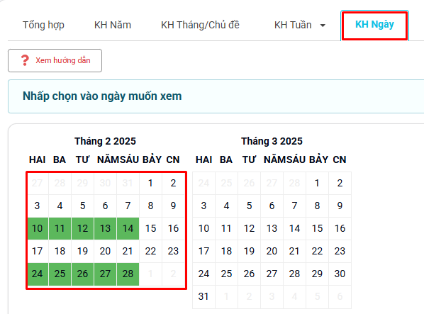 Màn hình chọn ngày