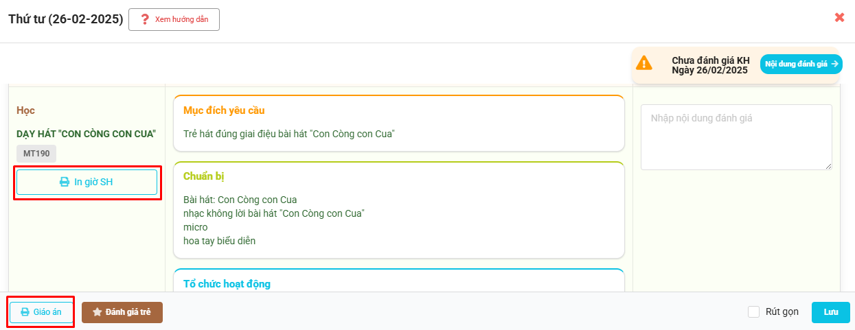 Màn hình chọn xuất file giờ sinh hoạt, giáo án ngày