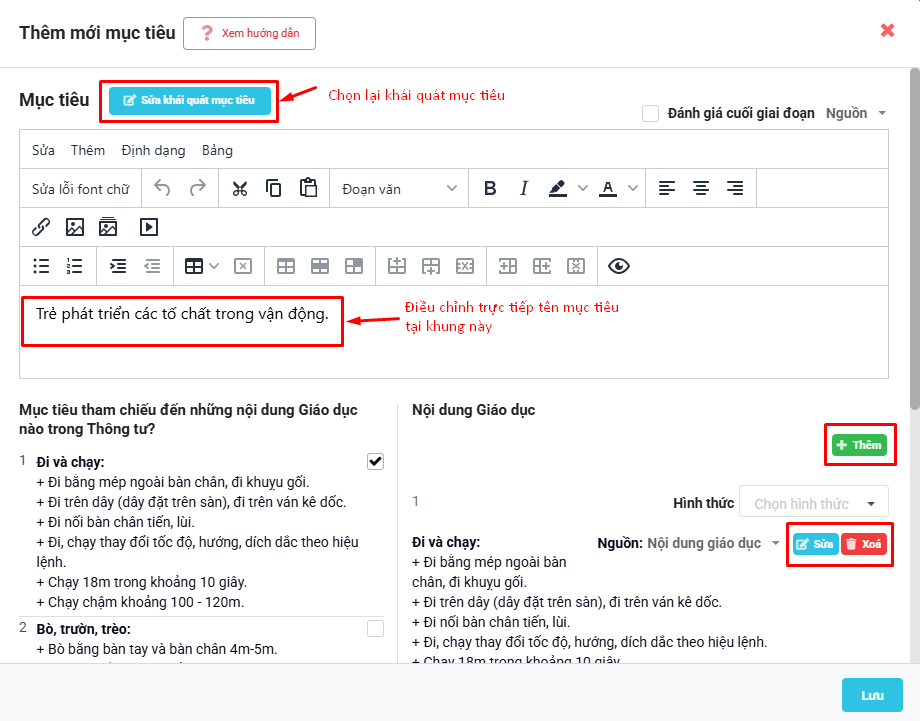 Màn hình sửa mục tiêu, thêm/sửa/xóa nội dung giáo dục