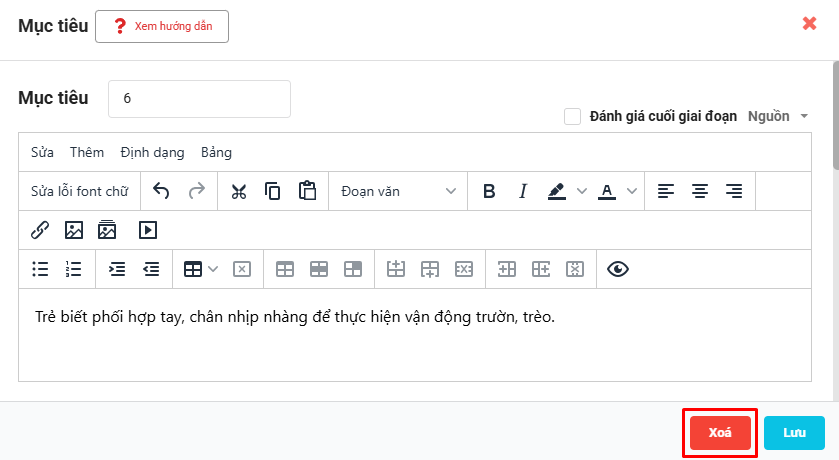 Màn hình bấm Xóa mục tiêu
