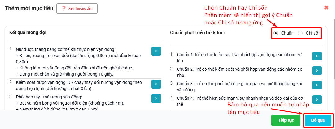 Màn hình chọn mục tiêu từ kết quả mong đợi từ chuẩn hoặc lựa chọn tự nhập mục tiêu của khối Lá