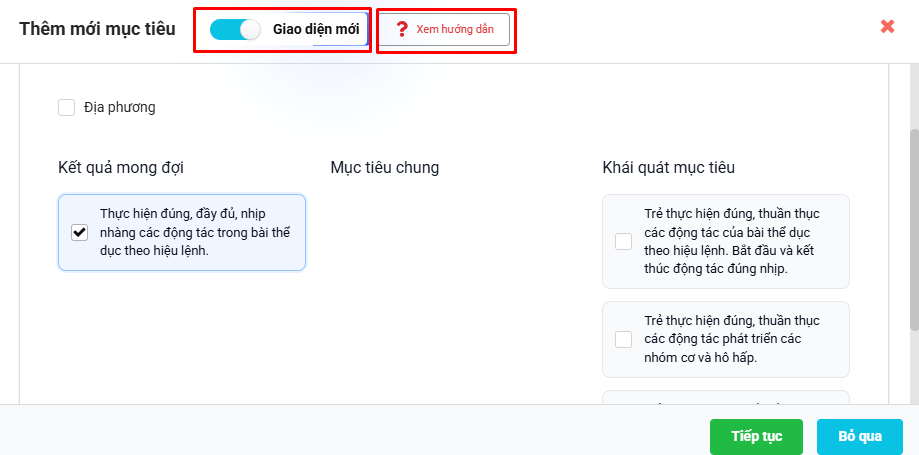 Màn hình chọn khái quát mục tiêu