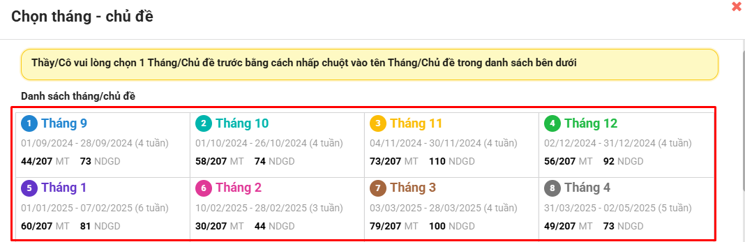 Màn hình chọn tháng/chủ đề muốn soạn kế hoạch