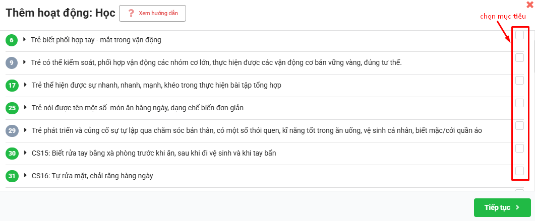 Màn hình chọn mục tiêu gán vào hoạt động