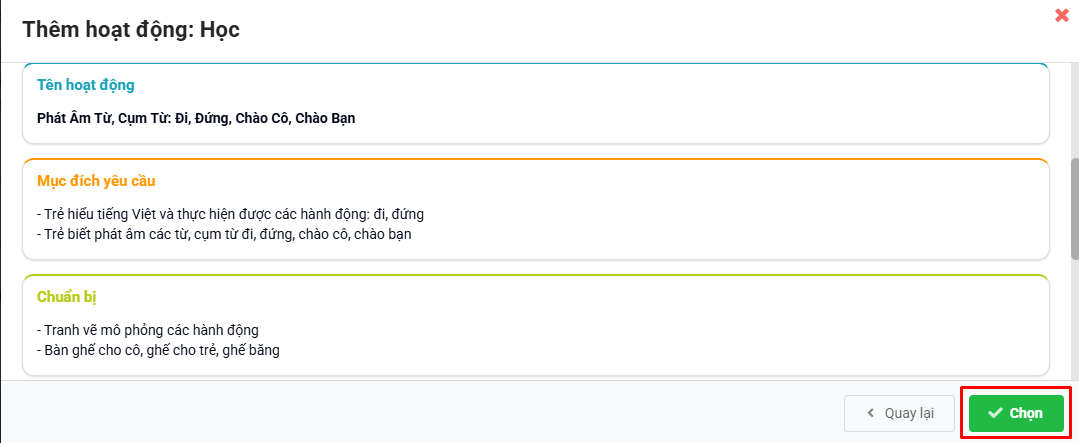 Màn hình chọn hoạt động vào kế hoạch tuần