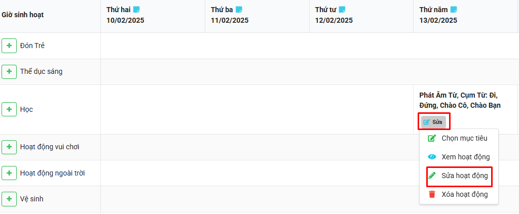 Màn hình sửa hoạt động