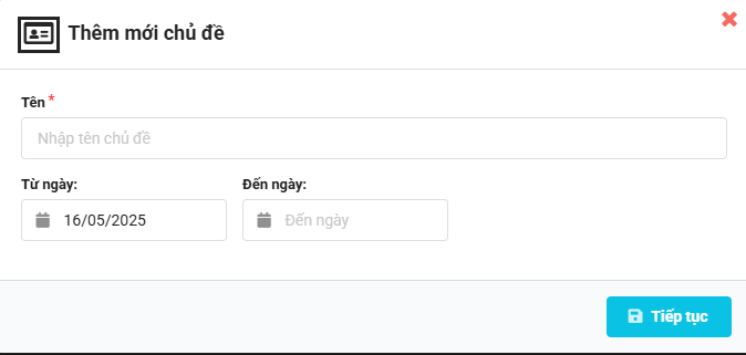 Màn hình nhập tên, chọn thời gian bắt đầu, kết thúc của chủ đề mới