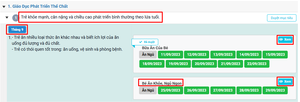 Màn hình hiển thị mục tiêu, nội dung giáo dục, tháng/chủ đề dạy. hoạt động, thời gian dạy