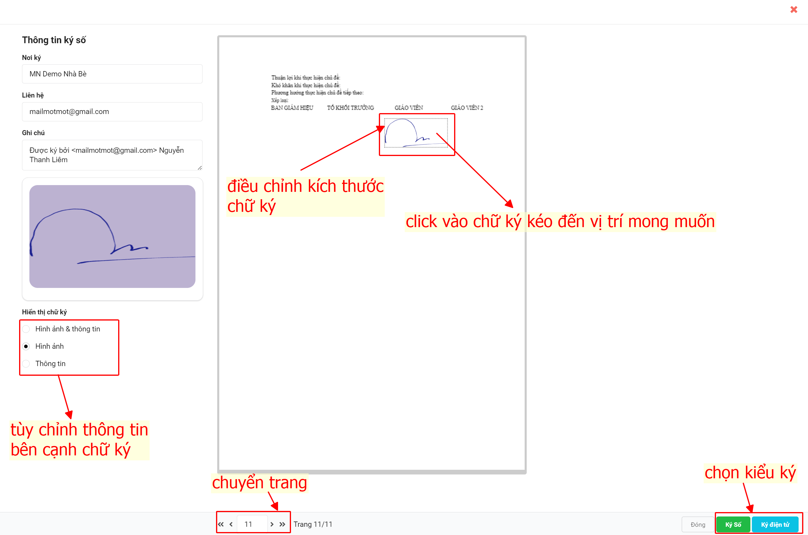 Màn hình thao tác thực hiện ký số (chọn thông tin hiển thị, di chuyển vị trí chữ ký, chọn ký số/ký điện tử)