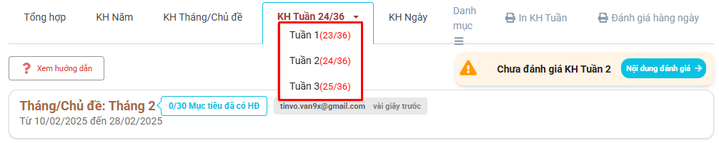 Màn hình chọn tuần