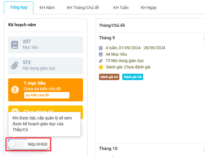 Màn hình chọn nộp kế hoạch giáo dục
