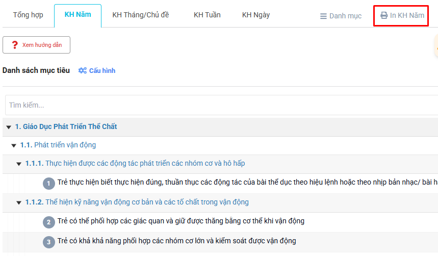 Màn hình in kế hoạch năm