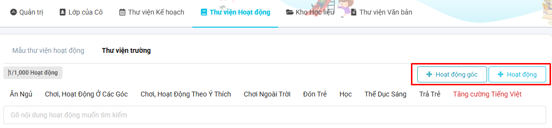 Màn hình thêm hoạt động vào thư viện trường