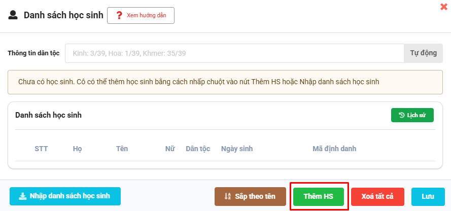 Màn hình thêm trực tiếp học sinh