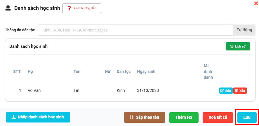 Màn hình cập nhật thông tin học sinh