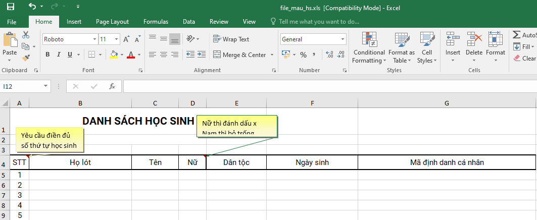 Màn hình nhập học sinh vào file mẫu