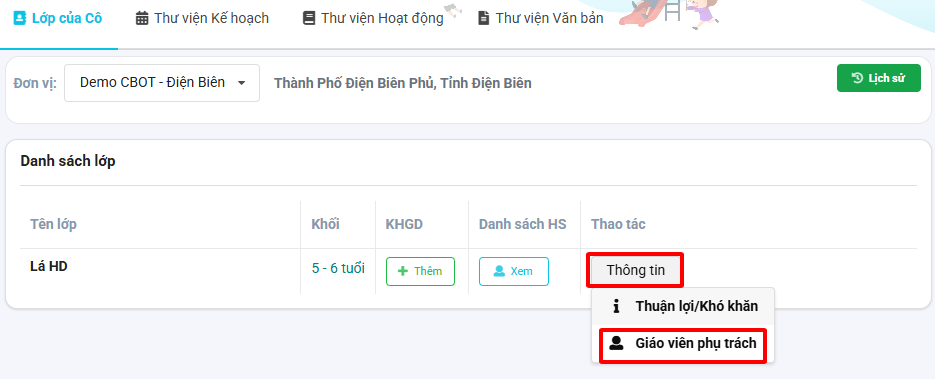 Màn hình chọn xem giáo viên phụ trách trong lớp
