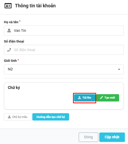 Màn hình tải lên chữ ký