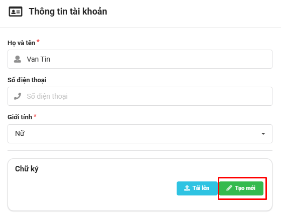 Màn hình tạo mới chữ ký